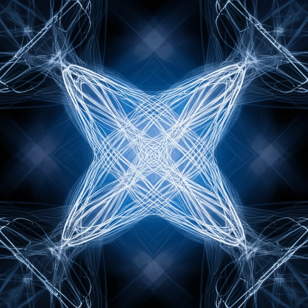Visualizzazione concettuale della struttura Pfaffiana emergente dall'overlap degli autovettori in un ensemble di Ginibre simplettico. Prime lens, 35mm, depth of field, con elementi astratti che suggeriscono matrici e autovettori, illuminazione drammatica in stile film noir, duotone blu e grigio per enfatizzare la complessità e l'eleganza matematica.