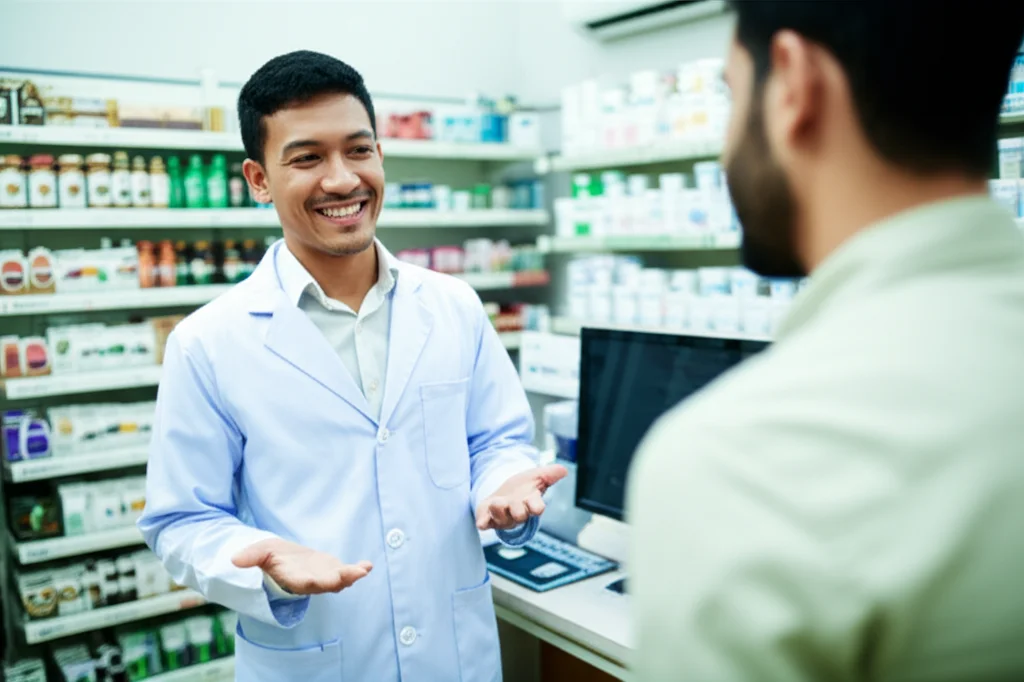 Fotografia di un farmacista sorridente in una farmacia indonesiana moderna e luminosa, mentre parla con un cliente. Obiettivo prime da 35mm, luce naturale soffusa, profondità di campo per mettere a fuoco il farmacista.