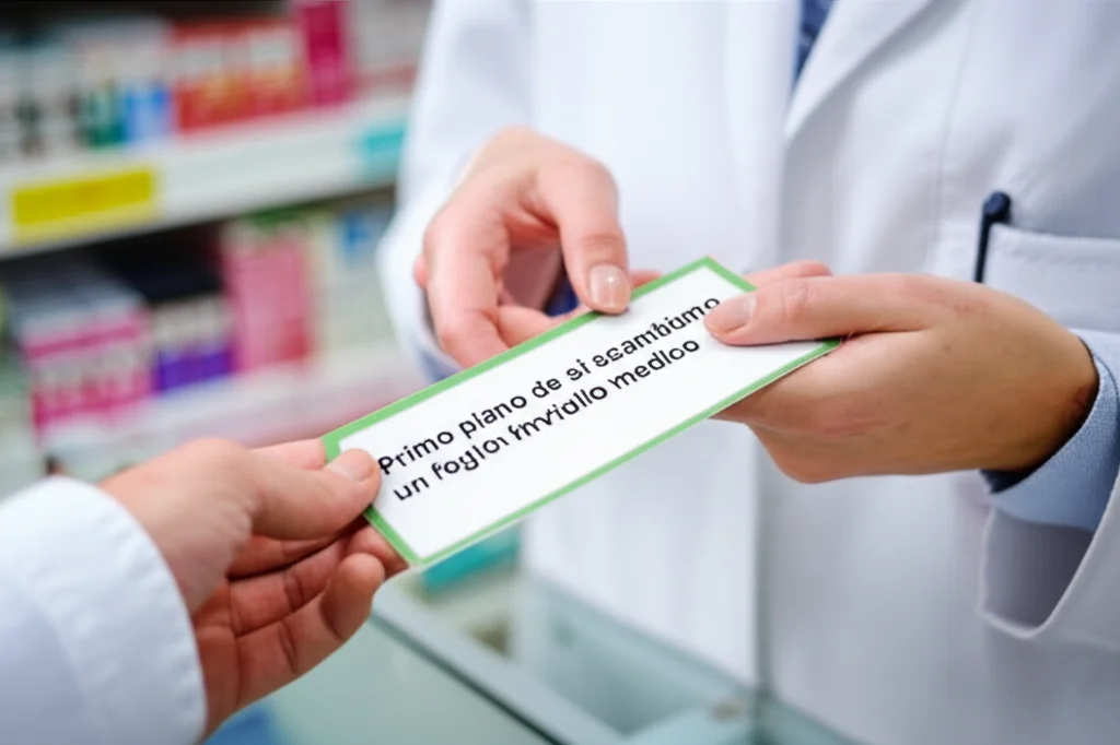 Primo piano di mani che si scambiano un foglio di rinvio medico in una farmacia. Obiettivo macro da 60mm, alta definizione dei dettagli della carta e delle mani, illuminazione controllata per evidenziare il documento.