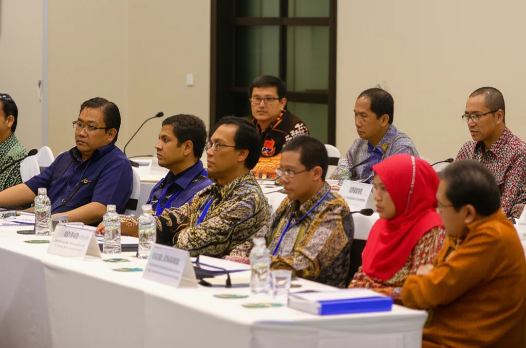 Un gruppo diversificato di operatori sanitari e ricercatori indonesiani seduti attorno a un tavolo, discutono animatamente durante un workshop. Obiettivo zoom 24-70mm per catturare l'interazione del gruppo, atmosfera collaborativa, luce da interni.