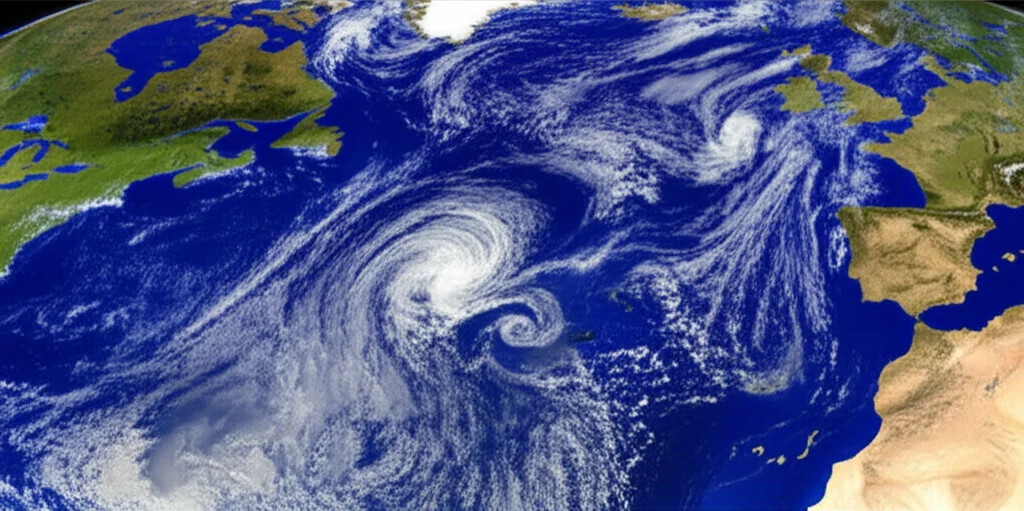 Fotografia realistica, vista satellitare stilizzata dell'Oceano Atlantico settentrionale che mostra una vasta area di alta pressione intensificata vicino alle Azzorre e una profonda area di bassa pressione sull'Islanda, simboleggiando una fase NAO positiva. Obiettivo grandangolare, 15mm, messa a fuoco nitida, colori vividi del blu oceano e bianco delle nuvole, illuminazione atmosferica.