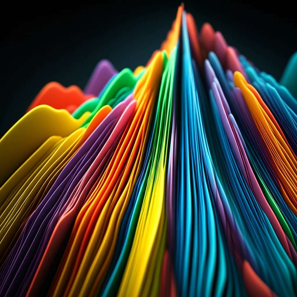 Grafico concettuale astratto ma fotorealistico che visualizza una distribuzione di probabilità asimmetrica (skewed) con colori vivaci, con picchi e valli che rappresentano eventi estremi. Macro lens, 80mm, high detail, precise focusing, illuminazione da studio per enfatizzare le texture del grafico tridimensionale.