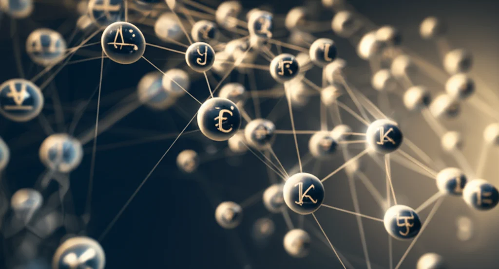 Una visualizzazione artistica di grafi direzionati interconnessi, con simboli algebrici astratti che fluttuano attorno ad essi, illuminazione drammatica laterale, stile film noir, con toni seppia e blu scuro, obiettivo prime da 35mm, profondità di campo ridotta per mettere a fuoco alcuni nodi del grafo e simboli.