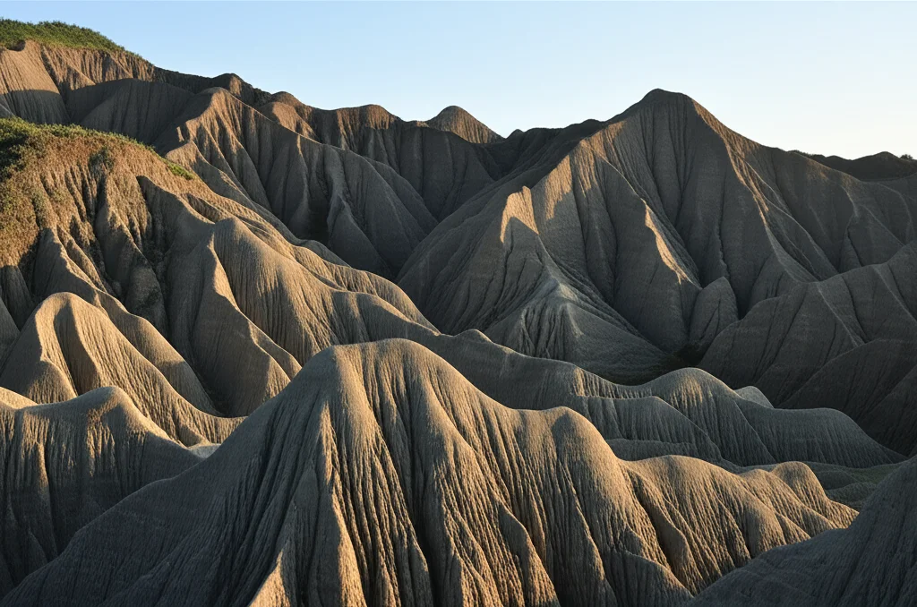 Fotografia paesaggistica di calanchi erosi in un'area geologicamente attiva come Taiwan, obiettivo grandangolare 18mm, messa a fuoco nitida, luce del tardo pomeriggio che accentua le texture e le ombre profonde dei solchi.