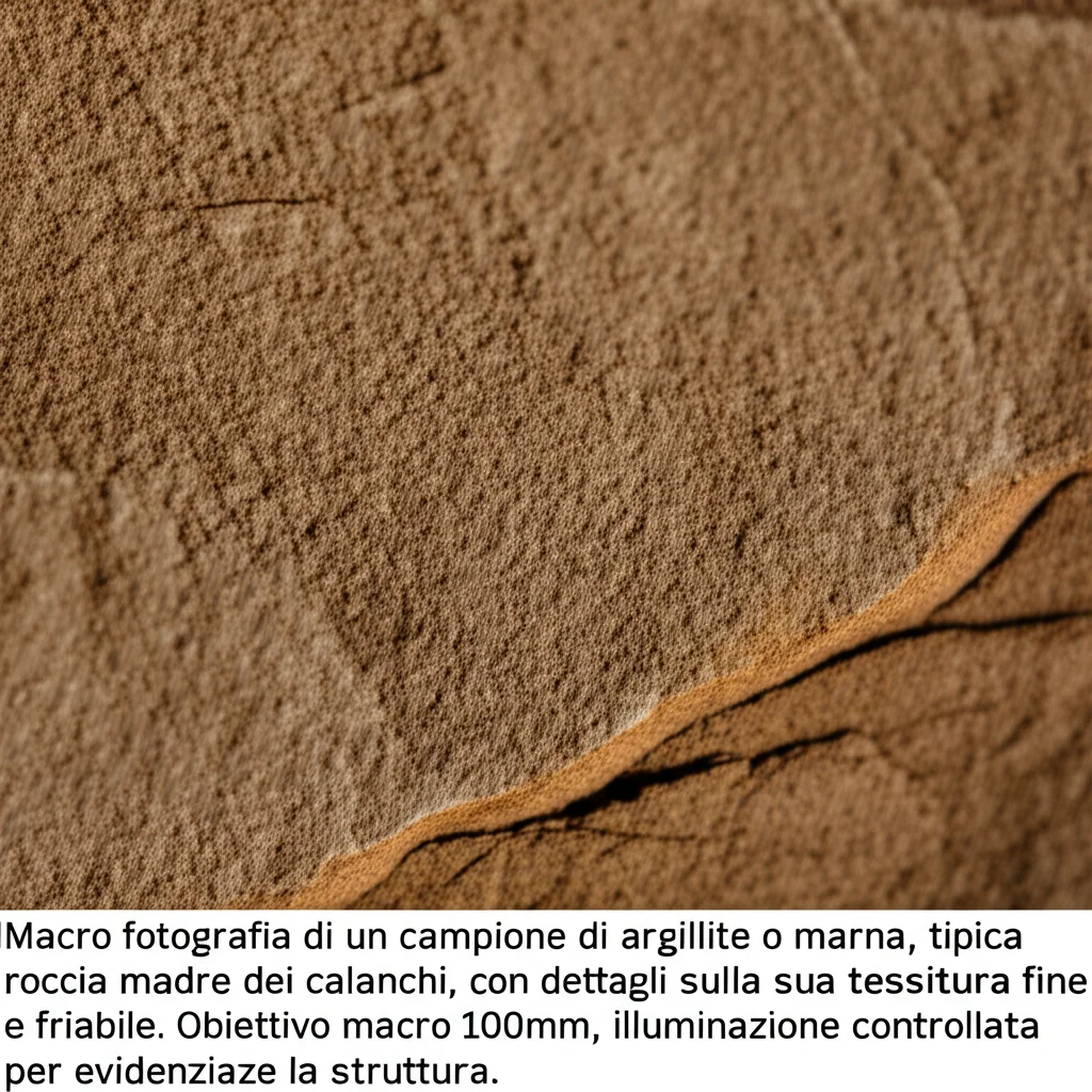 Macro fotografia di un campione di argillite o marna, tipica roccia madre dei calanchi, con dettagli sulla sua tessitura fine e friabile. Obiettivo macro 100mm, illuminazione controllata per evidenziare la struttura.