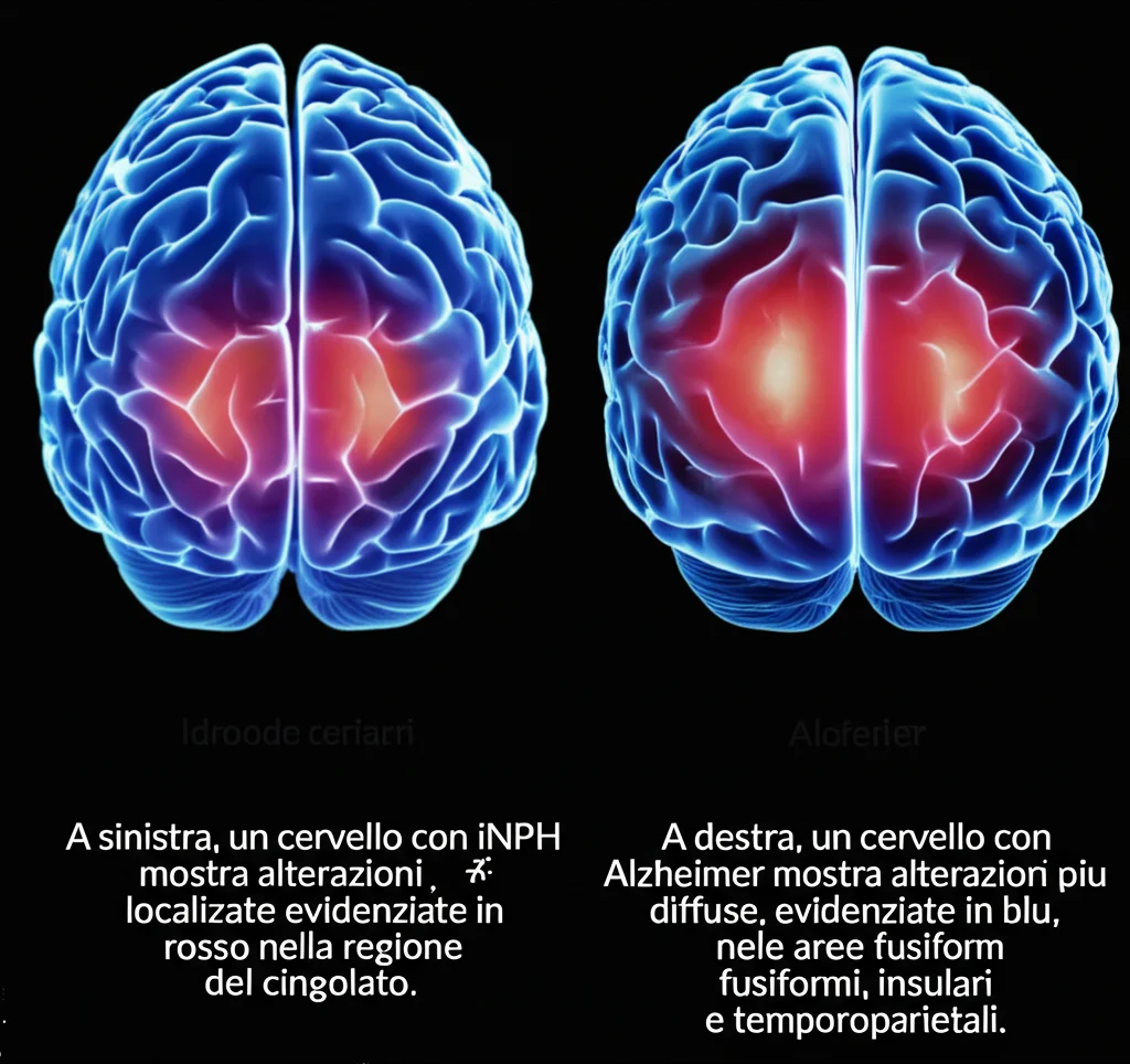 Visualizzazione 3D comparativa di due cervelli. A sinistra, un cervello con iNPH mostra alterazioni localizzate evidenziate in rosso nella regione del cingolato. A destra, un cervello con Alzheimer mostra alterazioni più diffuse, evidenziate in blu, nelle aree fusiformi, insulari e temporoparietali. Macro lens, 100mm, high detail, precise focusing, per enfatizzare le differenze morfologiche strutturali.