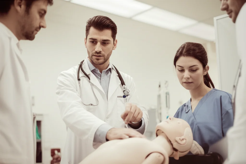 Un giovane medico specializzando, con espressione concentrata e un po' tesa, sta dando indicazioni a un'infermiera e a un altro medico attorno a un manichino di simulazione in una sala training ospedaliera. L'ambiente è illuminato da luci controllate, l'immagine è un ritratto di gruppo in azione, obiettivo da 35mm, duotone seppia e grigio per un'atmosfera formativa e seria, profondità di campo media.