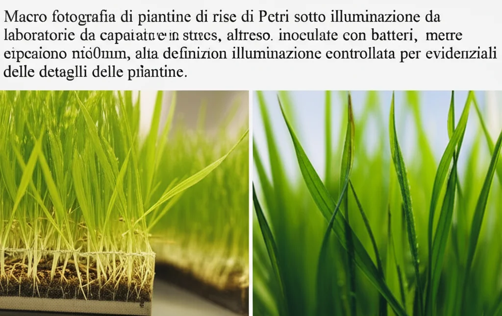 Macro fotografia di piantine di riso in capsule di Petri sotto illuminazione da laboratorio, alcune piantine mostrano segni di stress da calore mentre altre, inoculate con batteri, appaiono più vigorose. Obiettivo macro 60mm, alta definizione, illuminazione controllata per evidenziare i dettagli delle piantine.