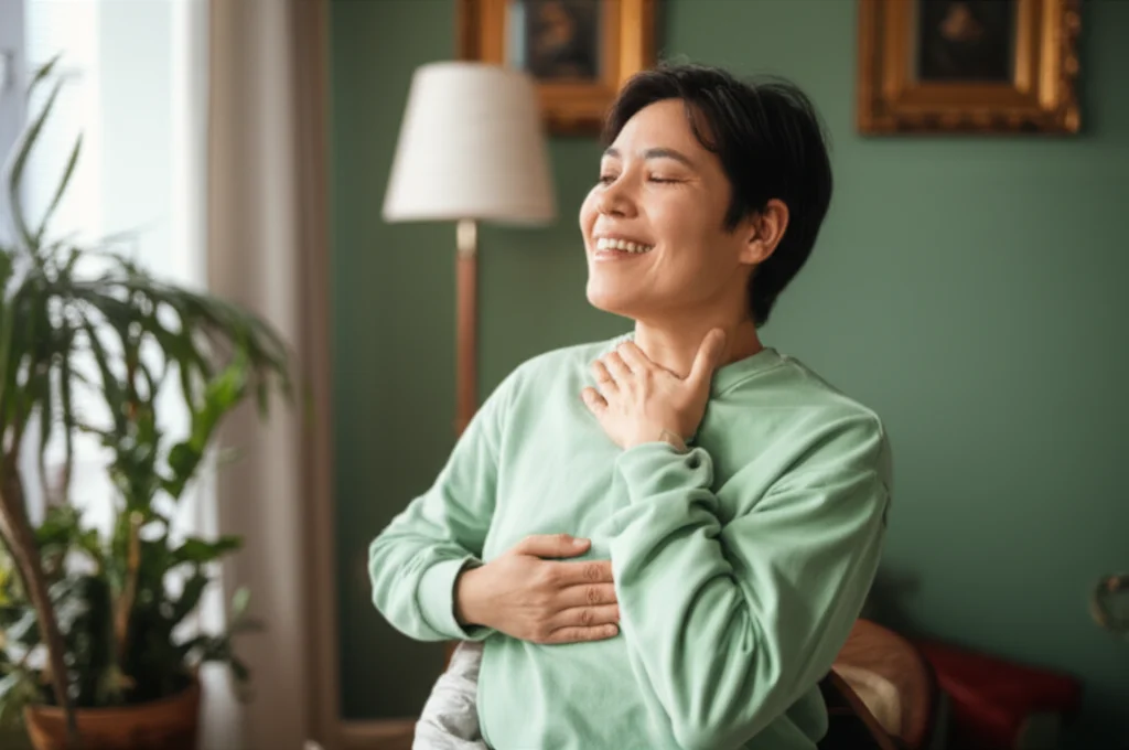 Una persona che sorride serenamente mentre si tocca delicatamente l'area dello stomaco, in un ambiente domestico luminoso e confortevole. Ritratto, obiettivo 35mm, luce naturale da finestra, profondità di campo media, colori pastello duotone (verde acqua e beige) per un'atmosfera calmante.