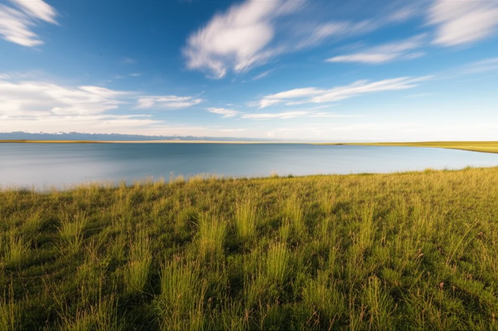 Fotografia paesaggistica grandangolare 15mm del Lago Qinghai, Cina, con vaste praterie alpine in primo piano sotto un cielo parzialmente nuvoloso. Luce del tardo pomeriggio che accentua le texture della vegetazione. Messa a fuoco nitida su tutta la scena, lunga esposizione per rendere l'acqua del lago leggermente setosa.