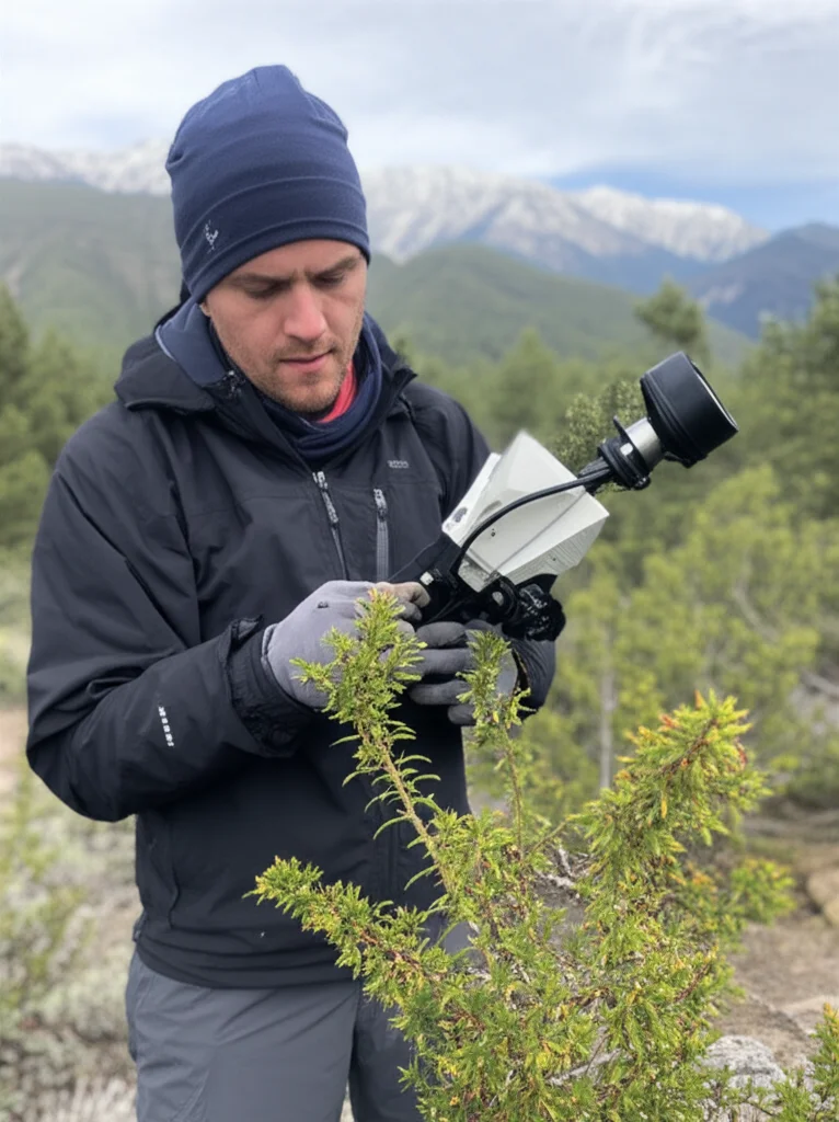Fotografia macro 90mm di un ricercatore che utilizza uno spettrometro da campo (come il Field Spec 4) su una pianta alpina nella regione del Lago Qinghai. Dettaglio elevato sulla strumentazione e sulla pianta, illuminazione naturale controllata per evitare ombre dure, sfondo leggermente sfocato per concentrarsi sull'azione.