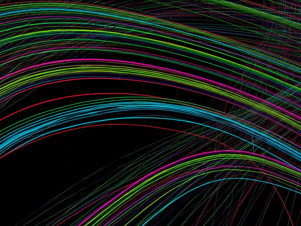 Visualizzazione astratta di dati spettrali, con curve colorate su sfondo scuro che rappresentano diverse firme spettrali di vegetazione. Illuminazione drammatica per evidenziare le forme delle curve, dettaglio elevato sulle linee. Simboleggia l'analisi dei dati e l'NDVI.