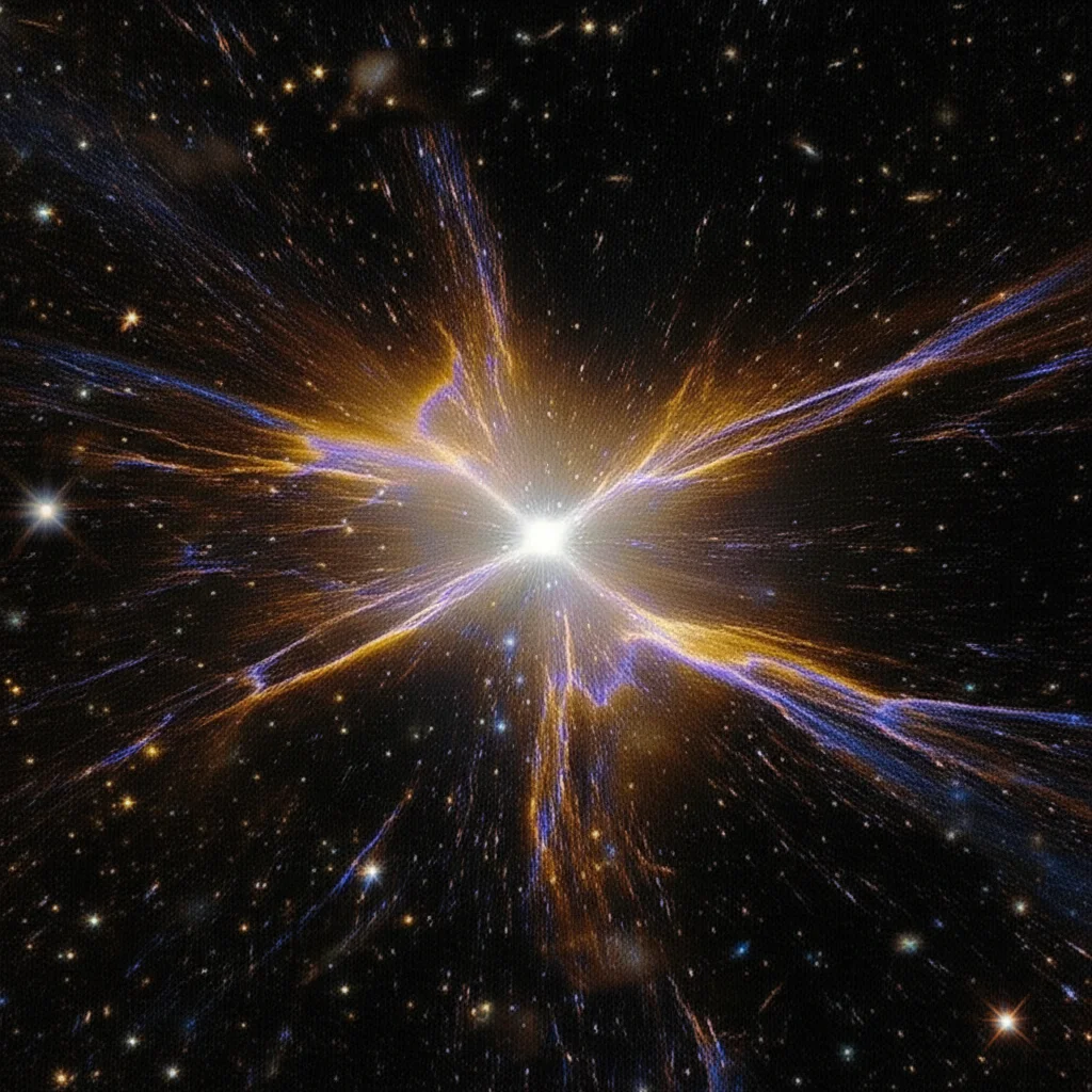 Immagine astronomica grandangolare, 10mm, di una singolarità cosmologica primordiale, visualizzata come un punto di luce accecante da cui si dipanano filamenti di energia e materia primordiale, con un effetto di lente gravitazionale che distorce lo spazio circostante, lunga esposizione, messa a fuoco nitida sui dettagli emergenti.