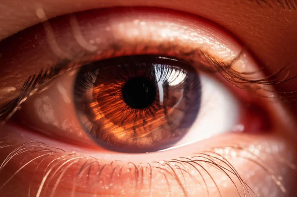 Primo piano di un occhio umano con un fascio di luce rossa soffusa che lo illumina delicatamente, simboleggiando la terapia RLRL. Obiettivo macro 60mm, alta definizione, illuminazione controllata per enfatizzare la texture dell'iride e il riflesso della luce.