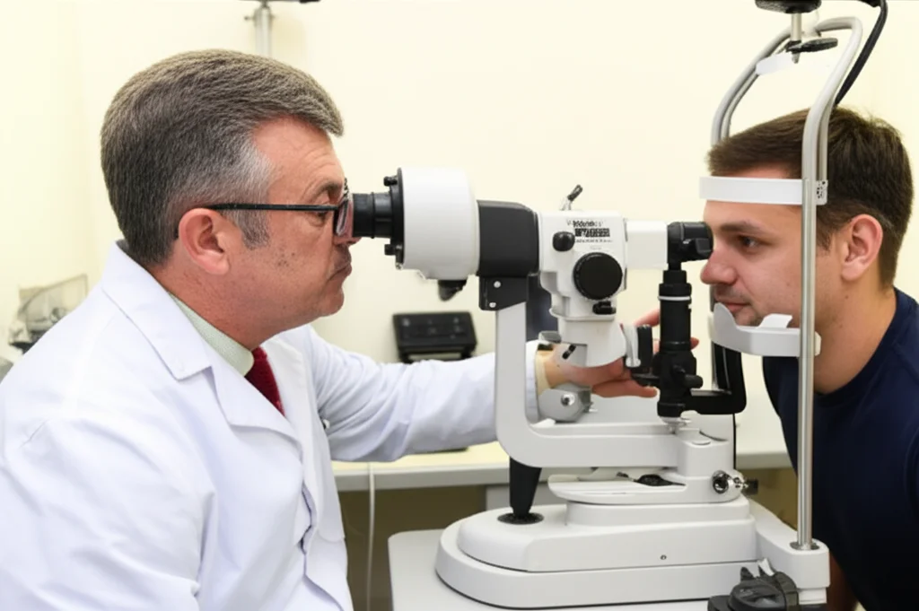 Un optometrista che utilizza un biometro ottico avanzato per misurare la lunghezza assiale dell'occhio di un paziente giovane. Scena clinica, illuminazione professionale, obiettivo prime 35mm, profondità di campo per mettere a fuoco lo strumento e il paziente.