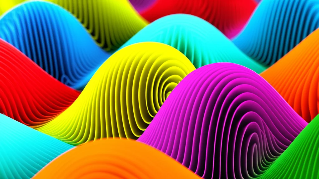 Visualizzazione astratta di funzioni logistiche SILL e funzioni a base radiale RBF che si combinano per formare un dizionario eterogeneo, rappresentate come superfici 3D colorate che si intersecano. Macro lens, 100mm, high detail, precise focusing, controlled lighting.