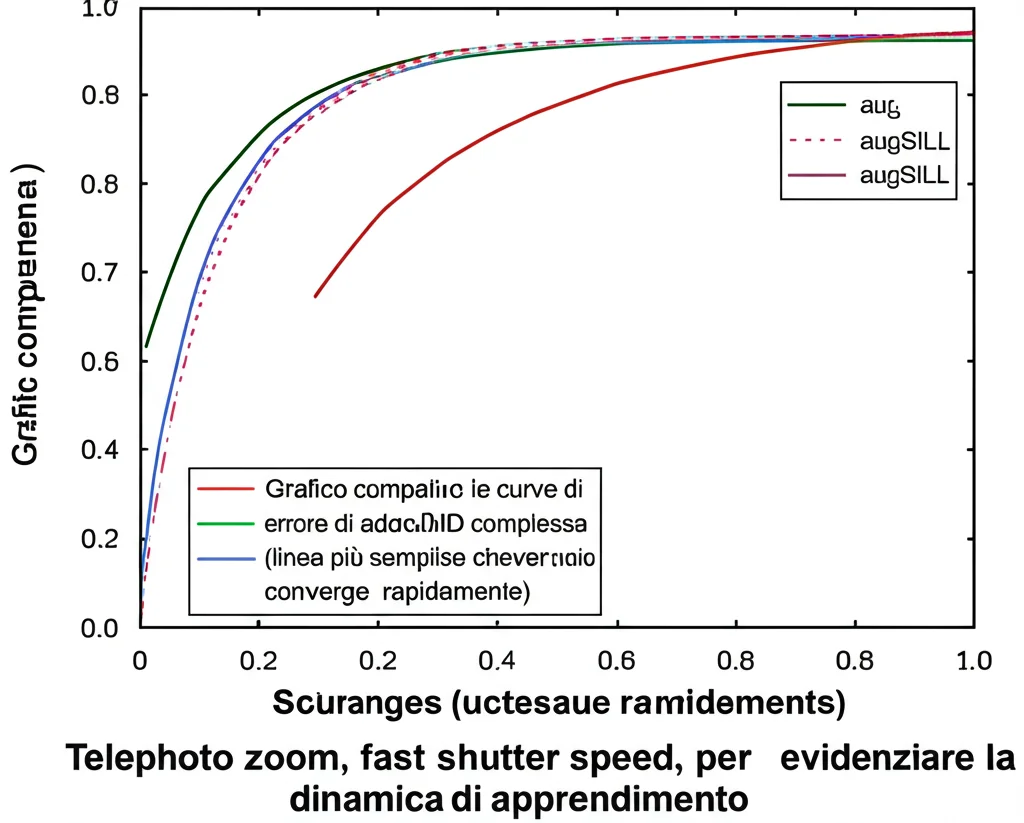 Grafico comparativo che mostra le curve di errore di addestramento per deepDMD (linea complessa) e augSILL (linea più semplice che converge rapidamente), con lo sfondo che suggerisce una rete neurale. Telephoto zoom, 150mm, fast shutter speed, per evidenziare la dinamica di apprendimento.