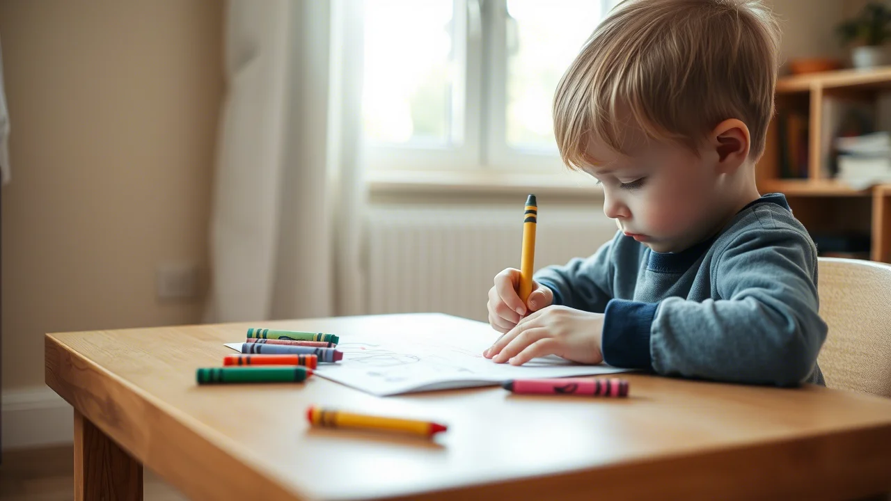 Un bambino in età prescolare, seduto a un tavolino basso, disegna con impegno su un foglio. La luce naturale entra da una finestra vicina, illuminando la scena. Obiettivo macro 60mm per catturare i dettagli delle sue manine e dei pastelli, con una leggera profondità di campo per mantenere il focus sul bambino.