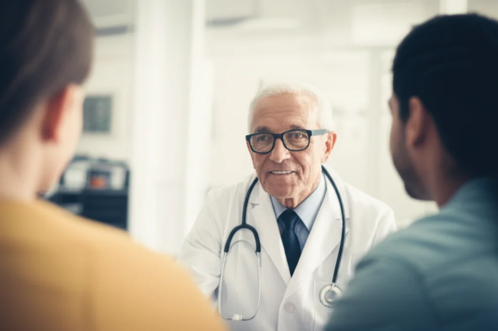 Un medico anziano con occhiali, dall'aria saggia e rassicurante, discute con calma con una coppia di familiari preoccupati in una sala d'attesa luminosa di un ospedale. Prime lens, 35mm, depth of field, colori caldi e leggermente desaturati per un'atmosfera intima.