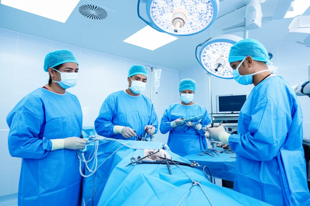 Paesaggio grandangolare di una sala operatoria moderna e luminosa, con al centro un team chirurgico che esegue una procedura FURS. L'immagine è scattata con un obiettivo grandangolare da 10mm per catturare l'ampiezza della scena, con una lunga esposizione per creare un leggero effetto di movimento del personale, mantenendo a fuoco l'attrezzatura principale. Luce ambientale chiara e nitida.