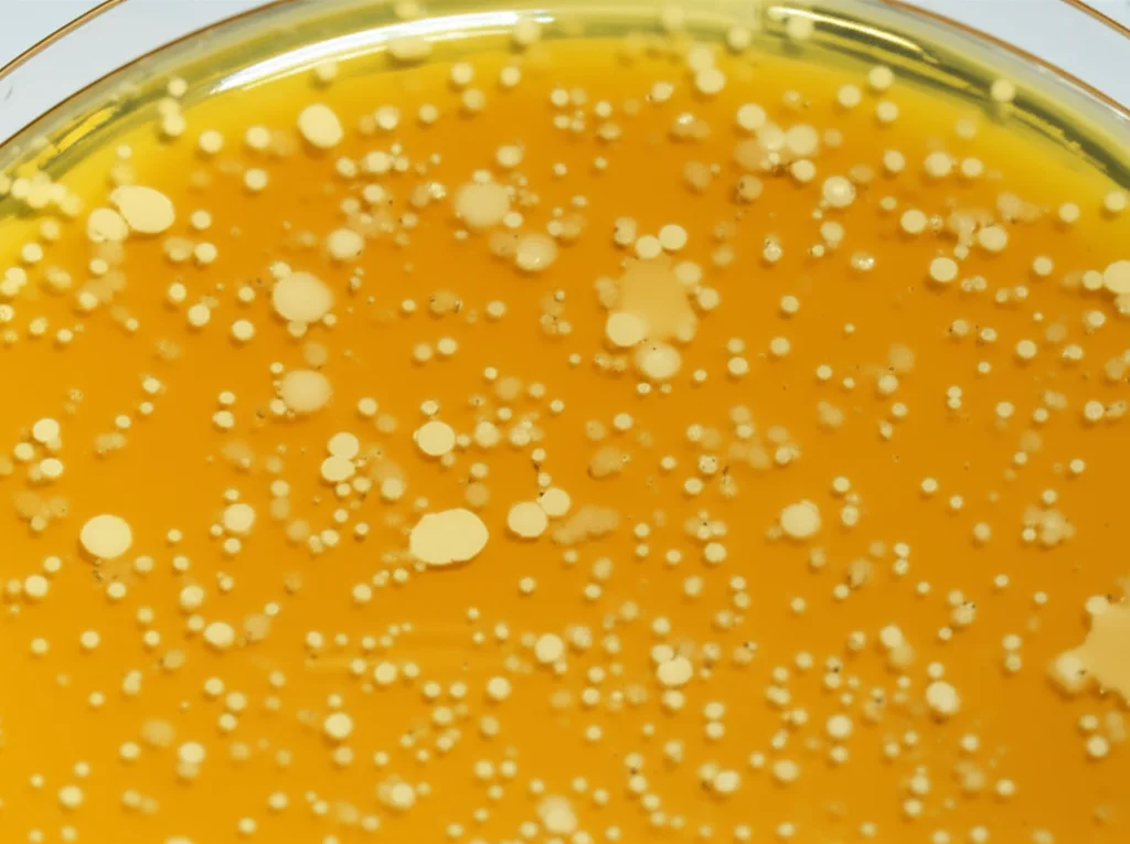 Immagine macro di una piastra di Petri con colture cellulari, alcune cellule mostrano l'effetto citopatico virale (arrotondamento, distacco), illuminazione da laboratorio precisa e controllata, obiettivo macro 60mm, alta definizione.