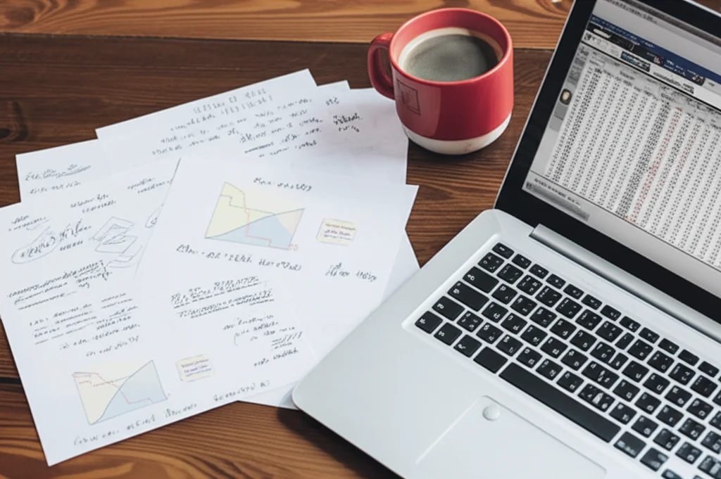 Una scrivania di un ricercatore con un computer portatile che mostra grafici ROC e dati statistici, fogli sparsi con appunti e formule, una tazza di caffè fumante, illuminazione controllata da studio, obiettivo macro da 60mm per evidenziare i dettagli della ricerca e l'analisi dei dati.