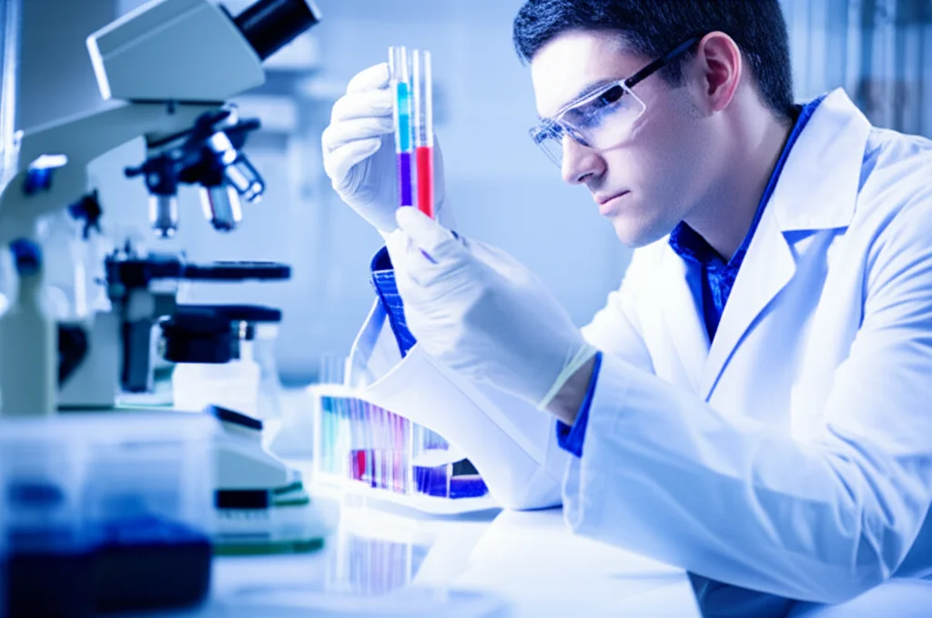 Un tecnico di laboratorio in camice bianco osserva attentamente una serie di provette contenenti soluzioni polimeriche di diverso colore e trasparenza, illuminati da una luce soffusa. Sullo sfondo, strumentazione scientifica complessa. Obiettivo prime 50mm, profondità di campo per mettere a fuoco le provette e sfocare leggermente lo sfondo.