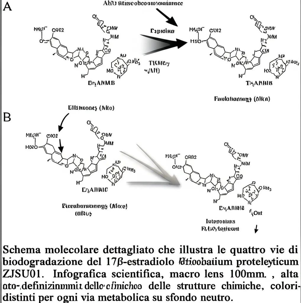 Schema molecolare dettagliato che illustra le quattro vie di biodegradazione del 17β-estradiolo da parte di Microbacterium proteolyticum ZJSU01. Infografica scientifica, macro lens 100mm, alta definizione delle strutture chimiche, colori distinti per ogni via metabolica su sfondo neutro.