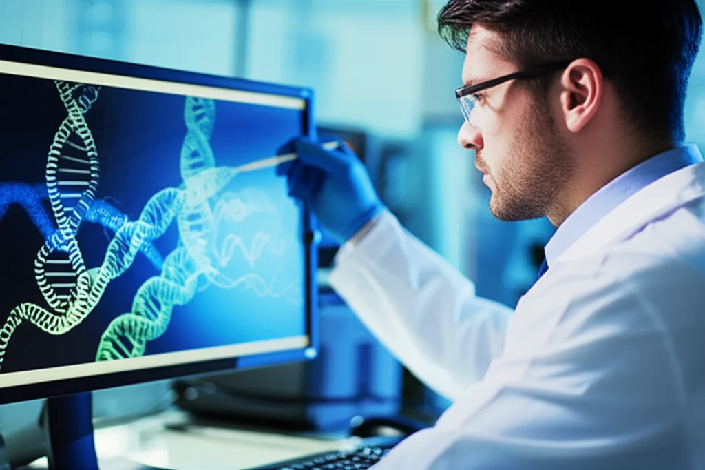 Ricercatore in un laboratorio di biotecnologie che analizza dati di sequenziamento genetico su un monitor ad alta risoluzione, con grafici di espressione genica e strutture del DNA visibili. Lente 35mm, profondità di campo, illuminazione da laboratorio focalizzata sullo schermo e sul volto concentrato del ricercatore.