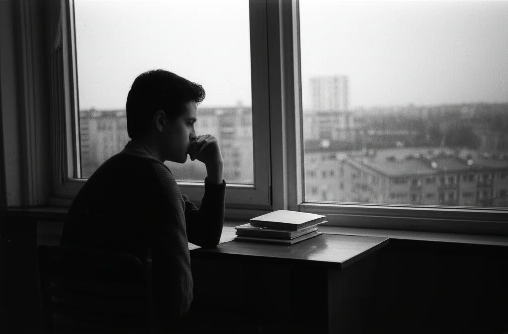 Uno studente universitario, seduto da solo alla scrivania nella sua stanza, appare stressato e pensieroso mentre guarda fuori dalla finestra una città deserta durante il lockdown. Luce soffusa, atmosfera intima. Obiettivo 35mm, profondità di campo per mettere a fuoco lo studente e sfocare leggermente lo sfondo, bianco e nero film.