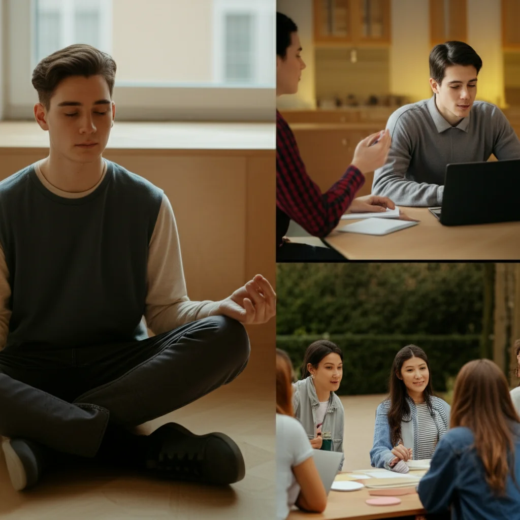 Un collage di immagini che rappresentano il supporto psicologico per studenti: uno studente che medita in un ambiente tranquillo, un altro che partecipa a una sessione di consulenza online, un piccolo gruppo di studenti che si confronta all'aperto mantenendo le distanze. Illuminazione naturale, colori caldi e rassicuranti. Obiettivo 50mm, per un look naturale e positivo.