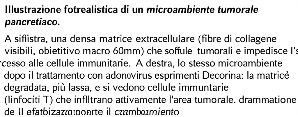 Illustrazione fotorealistica di un microambiente tumorale pancreatico. A sinistra, una densa matrice extracellulare (fibre di collagene visibili, obiettivo macro 60mm) che soffoca le cellule tumorali e impedisce l'accesso alle cellule immunitarie. A destra, lo stesso microambiente dopo il trattamento con adenovirus esprimenti Decorina: la matrice è degradata, più lassa, e si vedono cellule immunitarie (linfociti T) che infiltrano attivamente l'area tumorale. Illuminazione drammatica per enfatizzare il cambiamento.