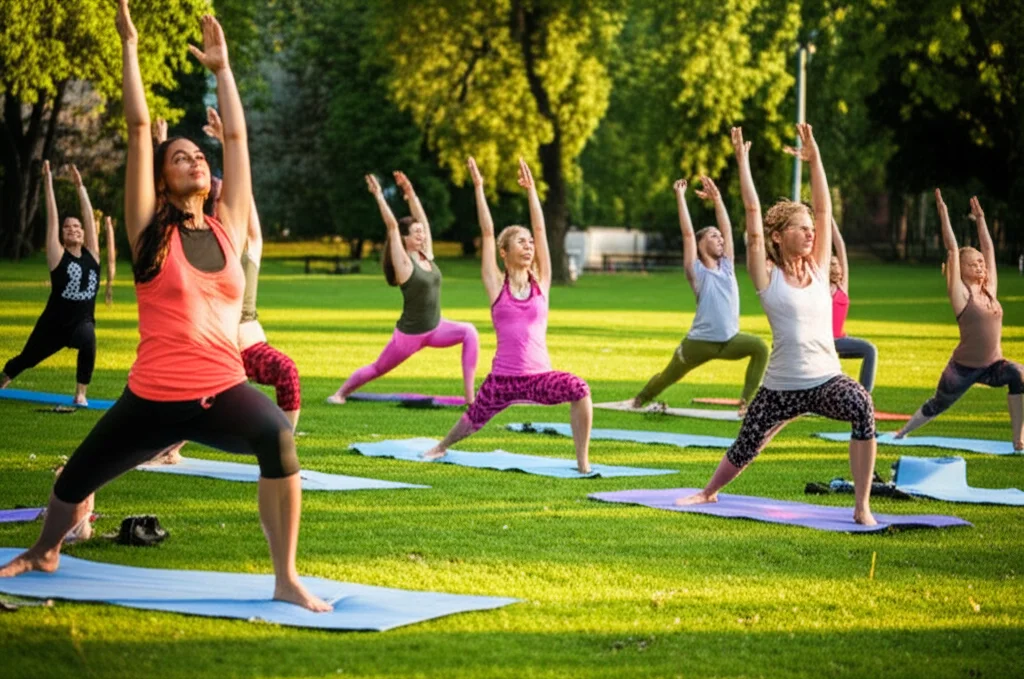 Fotografia sportiva di un gruppo di persone che praticano yoga in un parco, teleobiettivo zoom 100-400mm, scatto veloce per catturare le pose, luce mattutina diffusa, colori naturali e rilassanti.