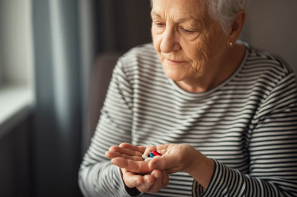 Un'anziana signora in una stanza accogliente di una struttura di cura, guarda con espressione pensierosa una manciata di pillole colorate nel palmo della sua mano. Macro lens, 60mm, high detail, precise focusing, luce naturale soffusa che entra da una finestra laterale, creando un'atmosfera intima.