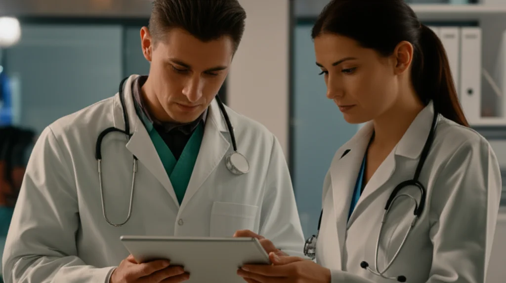 Due professionisti sanitari, un'infermiera e un medico in camice, sono chini su un tablet in un ufficio luminoso di una struttura di cura. Stanno discutendo animatamente ma con fare collaborativo, indicando lo schermo. Prime lens, 35mm, depth of field, luce ambientale calda e accogliente.