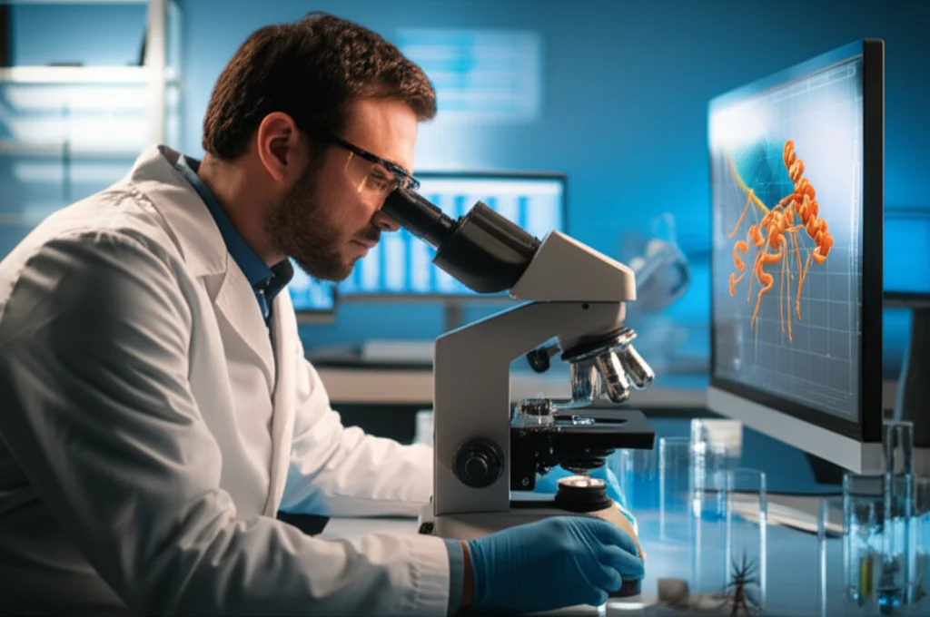 Un ricercatore in un laboratorio moderno osserva al microscopio campioni di zanzare. Sullo sfondo, schermi mostrano modelli 3D di proteine e grafici di dati genetici. Obiettivo prime 35mm, con profondità di campo per mettere a fuoco il ricercatore e sfocare leggermente lo sfondo, illuminazione da laboratorio chiara e precisa.