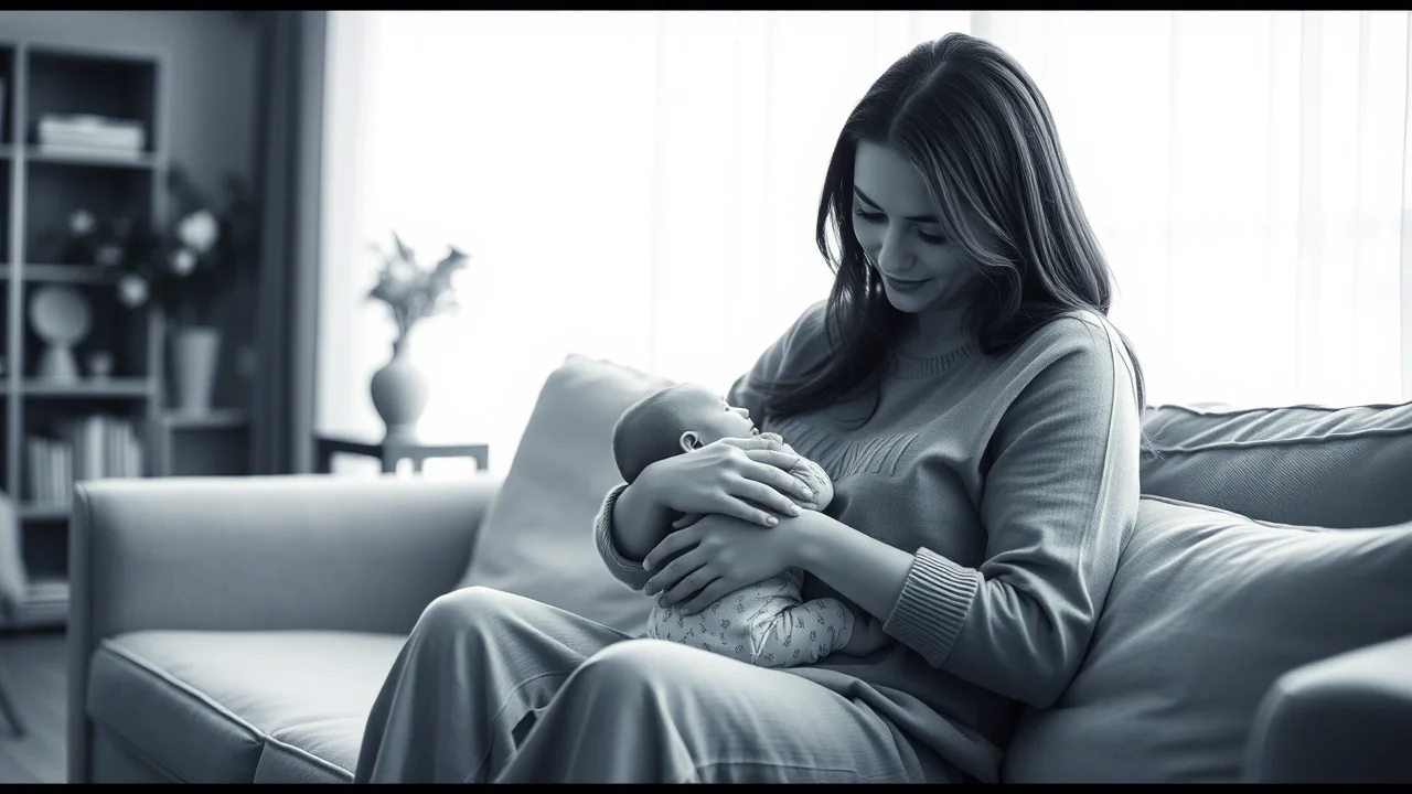 Una madre turca, seduta comodamente su un divano in un salotto luminoso, allatta al seno il suo bambino di pochi mesi. La scena trasmette serenità e connessione. Prime lens, 35mm, depth of field, duotone blu e grigio.