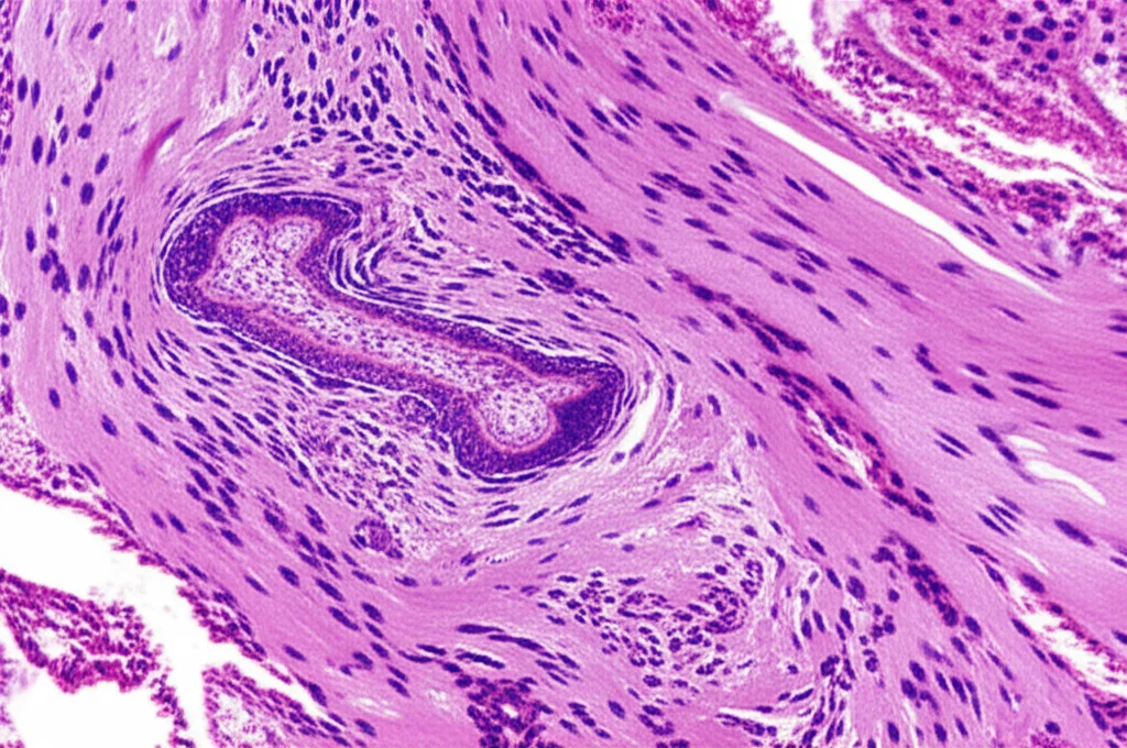 Visualizzazione al microscopio di tessuto cardiaco infiammato, con cellule immunitarie infiltrate tra le fibre muscolari. Macro lens, 100mm, high detail, precise focusing, illuminazione controllata per evidenziare le strutture cellulari.