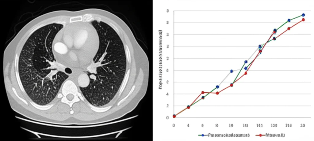 Immagine composita che mostra da un lato una scansione TAC del torace con evidenza di un tumore polmonare e dall'altro un grafico che illustra l'andamento dei marker tumorali e dei parametri infiammatori nel tempo. Wide-angle, 10-24mm, sharp focus, per la TAC; per il grafico, uno stile pulito e informativo.