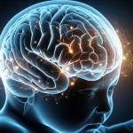 Artistic, photorealistic representation of an infant's brain with glowing neural pathways forming a complex, synergistic network. Soft, ethereal lighting, macro lens, 100mm, high detail, emphasizing the interconnectedness and emergent complexity. Duotone in deep blue and warm gold.
