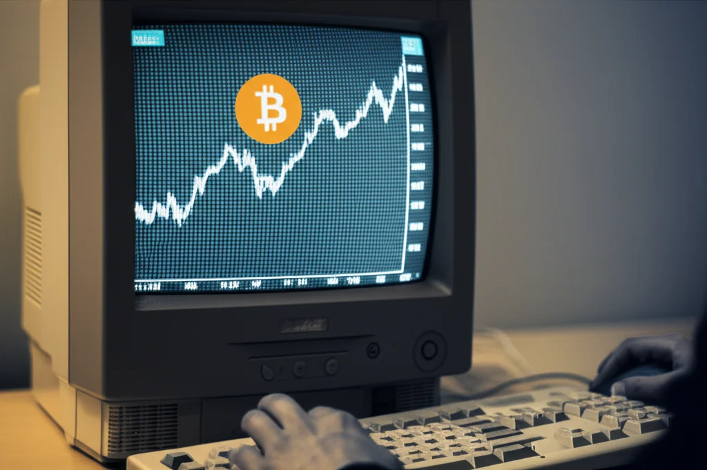 Fotografia evocativa dell'era iniziale di Bitcoin: uno schermo di computer datato (circa 2011-2013) mostra un grafico dei prezzi di Bitcoin su Mt.Gox con pattern tecnici come triangoli o rettangoli evidenziati. La luce dello schermo illumina debolmente una tastiera e forse una mano che impugna un mouse. Stile leggermente granuloso, obiettivo 35mm, profondità di campo, duotone blu scuro e ambra per un look vintage ma tecnologico.