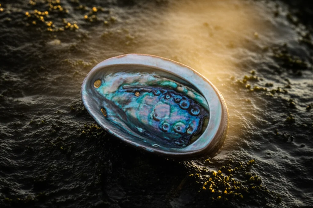 Fotografia macro, obiettivo 90mm, di un guscio di abalone con riflessi iridescenti, appoggiato su una roccia scura e umida, con un leggero effetto di foschia di calore che lo circonda, a simboleggiare lo stress termico. Alta definizione, messa a fuoco precisa sulla texture del guscio, illuminazione drammatica e controllata.