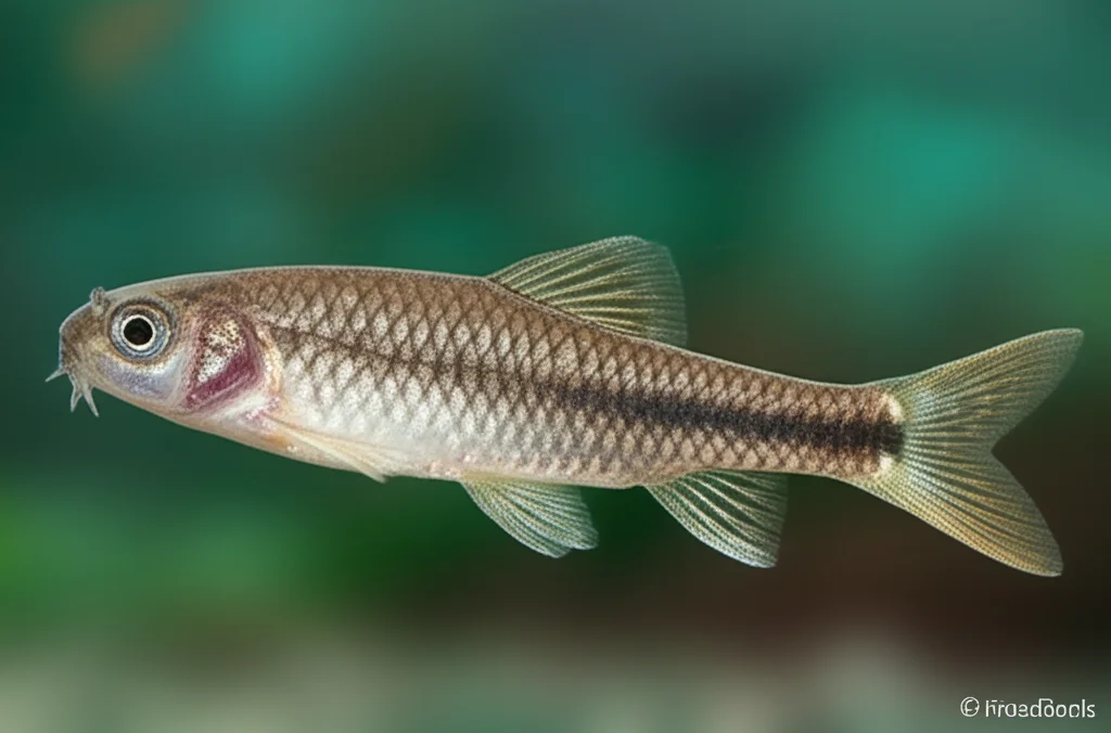 Fotografia macro realistica, obiettivo macro 60mm, di un pesce Garra rufa che nuota in acqua limpida, con elevato dettaglio sulle sue squame e pinne. Messa a fuoco precisa sul pesce, illuminazione controllata per evidenziare le sue caratteristiche su uno sfondo acquatico leggermente sfocato. Il pesce appare sano e attivo.