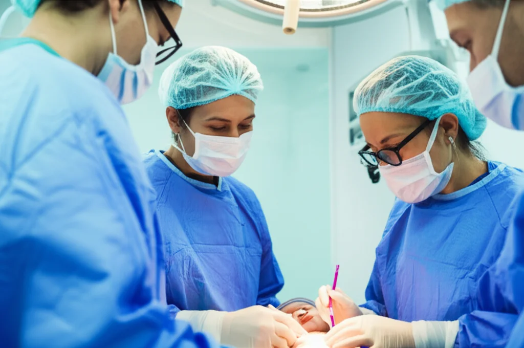 Fotografia professionale di un team medico pediatrico, con un anestesista in primo piano, che esegue con concentrazione un'anestesia epidurale caudale su un piccolo paziente in una sala operatoria con attrezzature essenziali. Obiettivo prime 35mm, profondità di campo per mettere a fuoco il team e sfocare leggermente lo sfondo, luce soffusa ma chiara che illumina la scena, trasmettendo cura e precisione nonostante il contesto di risorse limitate.