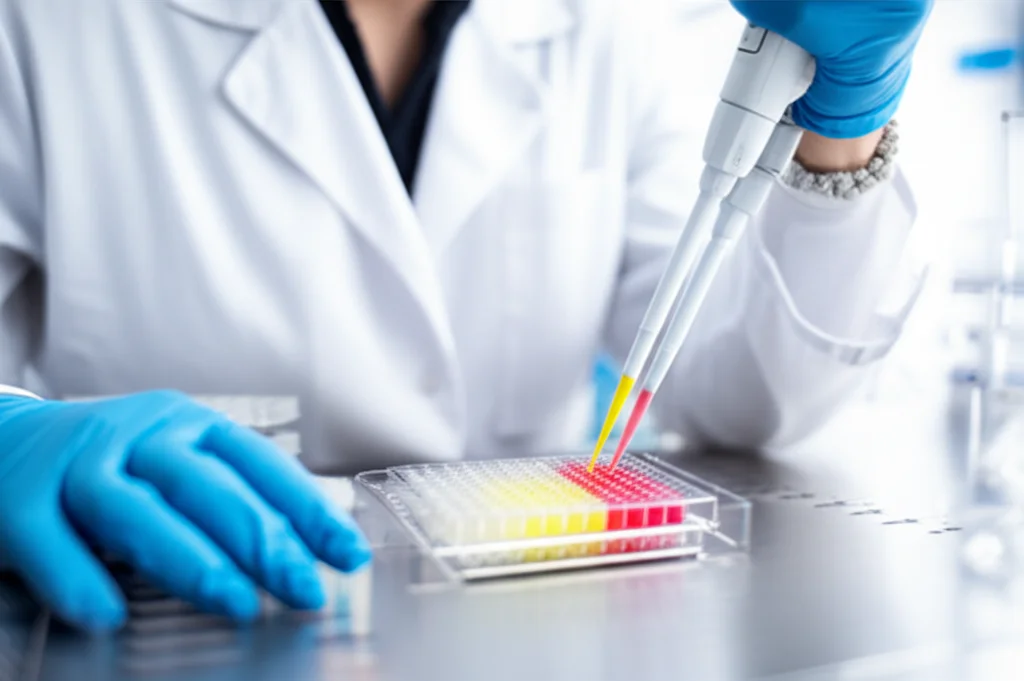 Fotografia realistica di un ricercatore in camice bianco che utilizza una pipetta multicanale per aggiungere un liquido colorato a una piastra TurboCapture a 96 pozzetti in un laboratorio di biologia molecolare luminoso e moderno. Messa a fuoco sulla piastra e sulla punta della pipetta, sfondo leggermente sfocato. Obiettivo prime 35mm, profondità di campo, illuminazione controllata brillante.