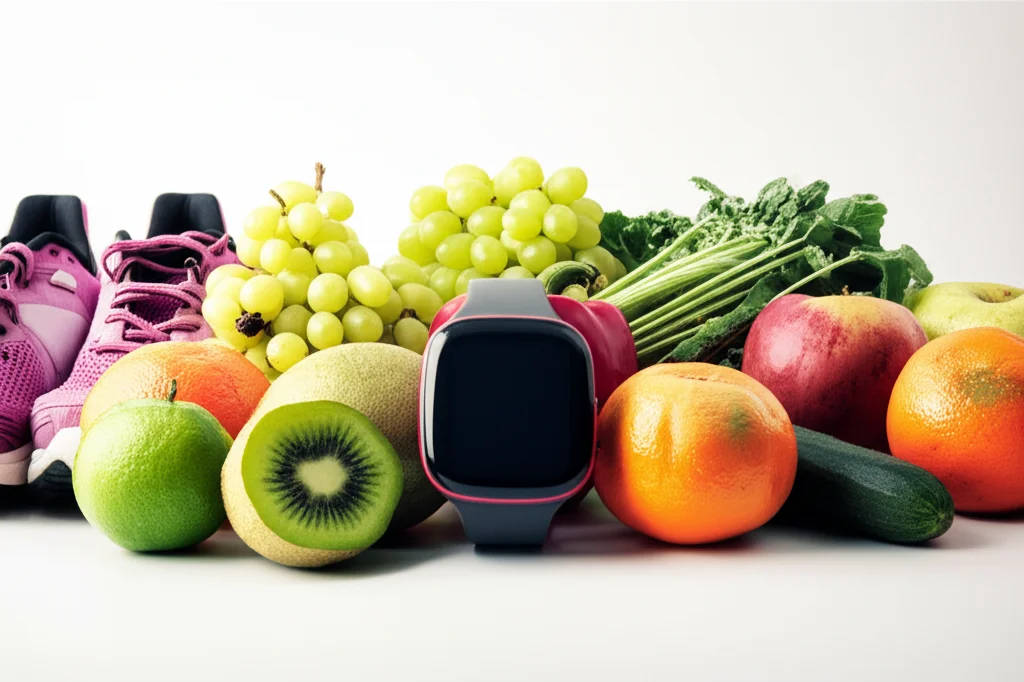 Immagine concettuale che rappresenta l'interazione tra una dieta sana, simboleggiata da frutta e verdura colorate, e l'attività fisica, rappresentata da scarpe da ginnastica e un cardiofrequenzimetro, su uno sfondo neutro e luminoso. Macro lens, 100mm, high detail, controlled lighting.