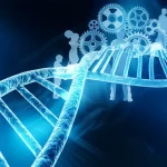 Immagine fotorealistica di una catena di DNA digitale luminosa che si intreccia con ingranaggi meccanici e sagome stilizzate di persone che collaborano, sfondo blu tecnologico, obiettivo 35mm, profondità di campo, a simboleggiare l'unione di biotecnologia, tecnologia, fiducia e collaborazione nella supply chain farmaceutica.