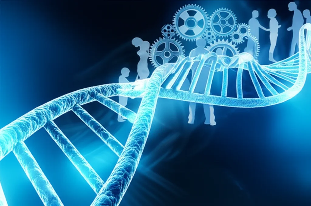 Immagine fotorealistica di una catena di DNA digitale luminosa che si intreccia con ingranaggi meccanici e sagome stilizzate di persone che collaborano, sfondo blu tecnologico, obiettivo 35mm, profondità di campo, a simboleggiare l'unione di biotecnologia, tecnologia, fiducia e collaborazione nella supply chain farmaceutica.
