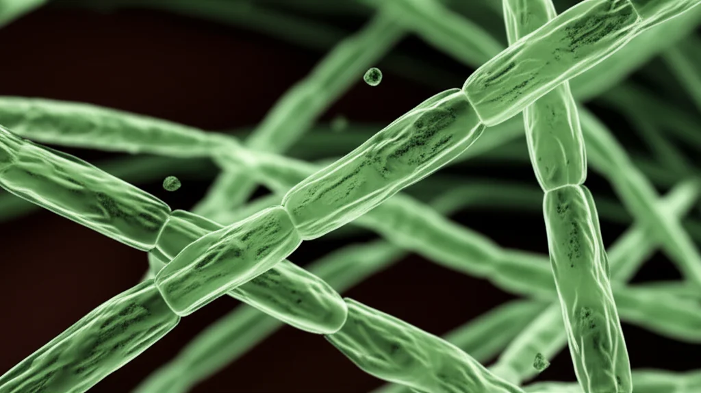 Immagine macro fotorealistica di ife fungine di Bipolaris sorokiniana che rilasciano piccole goccioline contenenti sesquiterpenoidi bioattivi, con un leggero effetto bokeh sullo sfondo per enfatizzare i composti, obiettivo macro 90mm, illuminazione laterale per dettaglio.