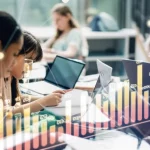 Photorealistic image of diverse students in a modern university library setting, overlaid with subtle data visualization elements like graphs and network nodes. 35mm portrait lens, depth of field, high detail.